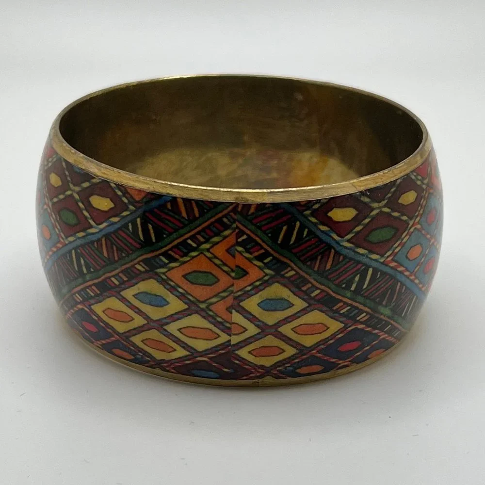 Geometric Print Brass Cuff Bracelet - Picture 3 of 4